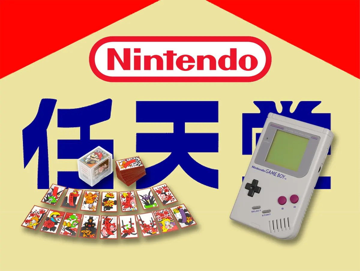Carte hanafuda Nintendo e Game Boy davanti al nome Nintendo in caratteri giapponesi