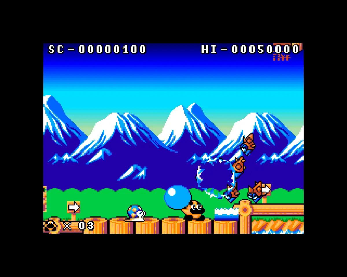 Liquid Kids su Amiga con il protagonista in uno scenario colorato ispirato all’arcade Taito.