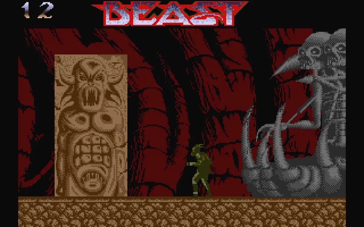 Shadow of the Beast su Atari ST, con il protagonista davanti a una grande creatura in uno scenario oscuro.