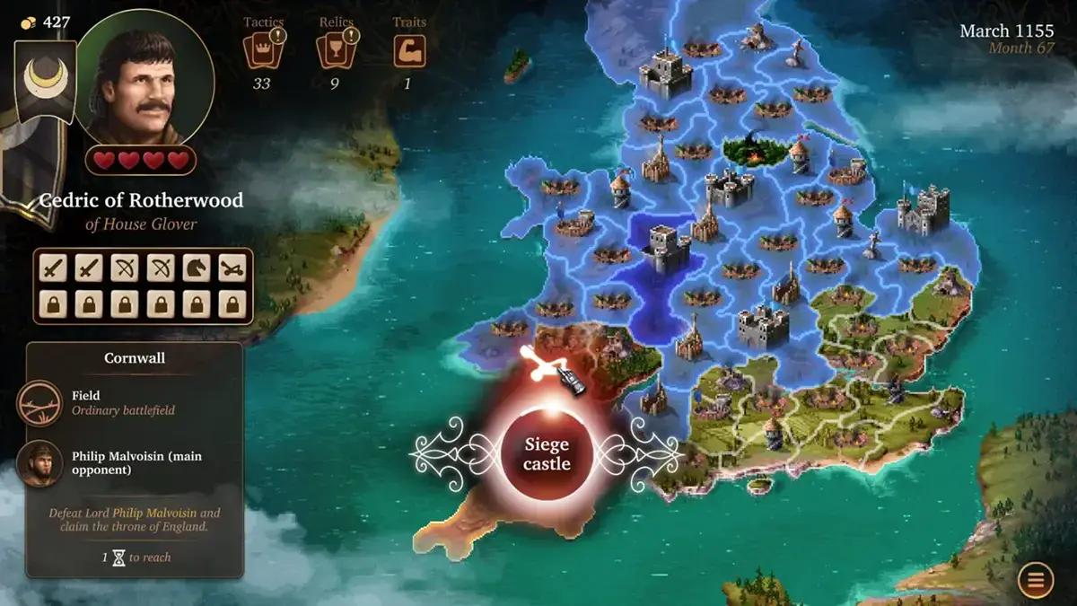 Mappa strategica di Defender of the Crown: The Legend Returns con territori, castelli e interfaccia di gestione