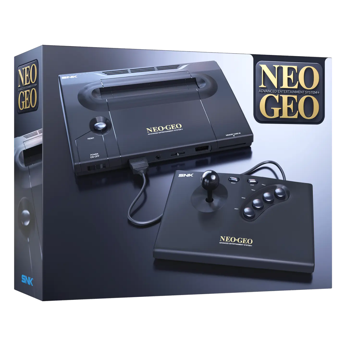 NEOGEO AES+ console with official arcade stick and cartridge support