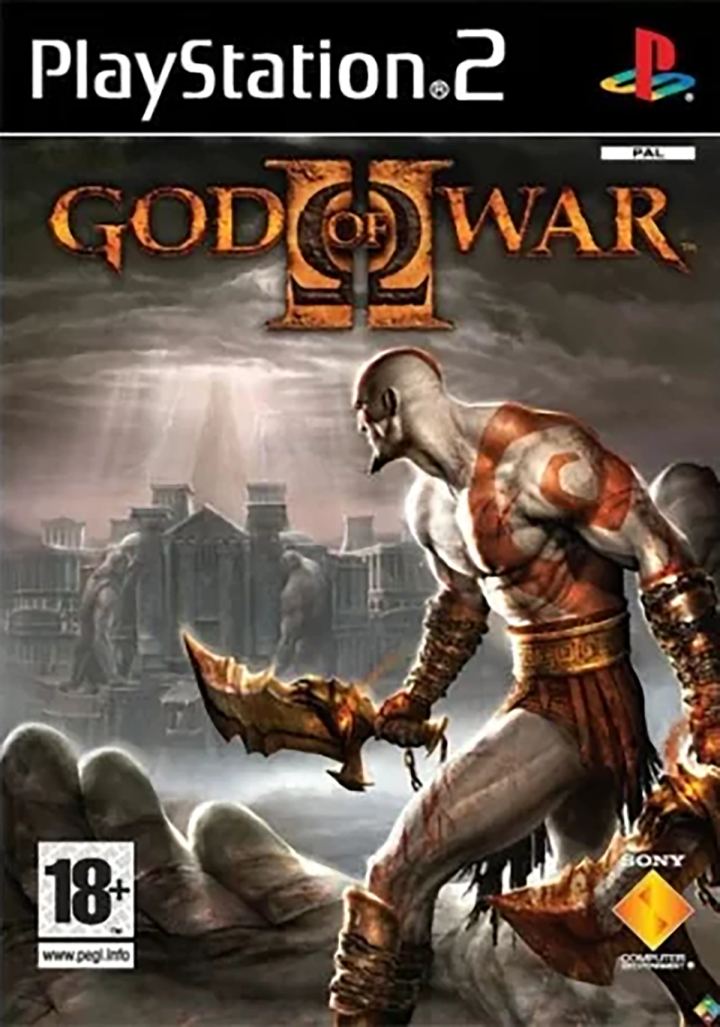 Copertina di God of War II per PlayStation 2 con Kratos.