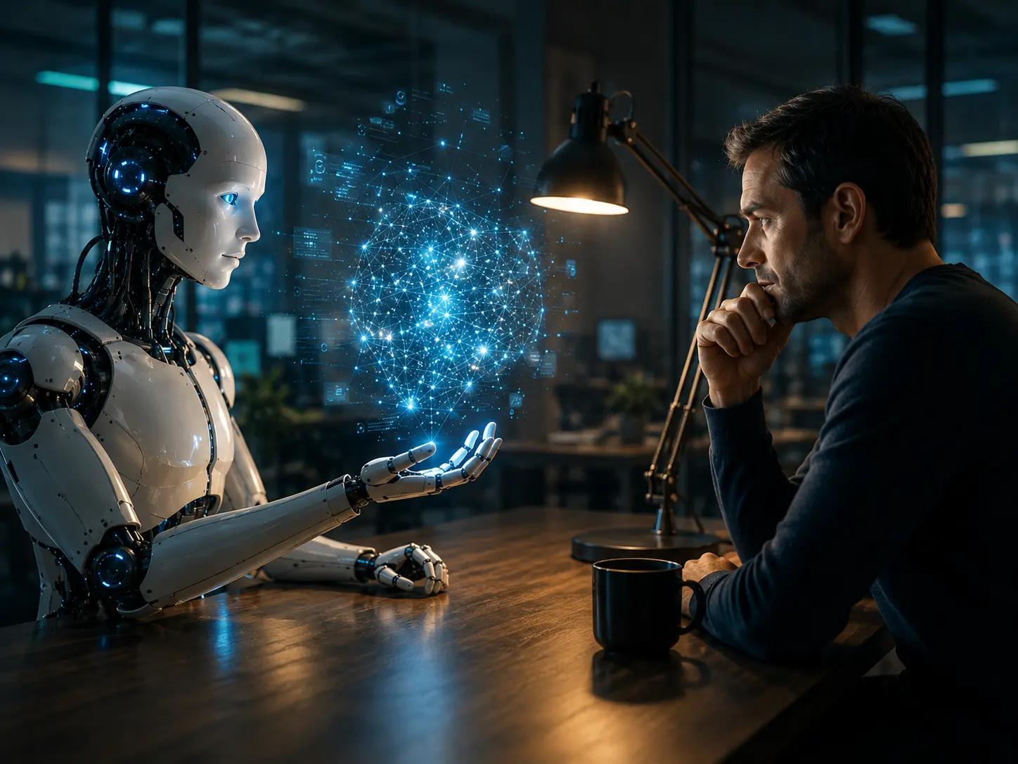 A man reflects as a humanoid artificial intelligence presents a glowing network of information across a desk.