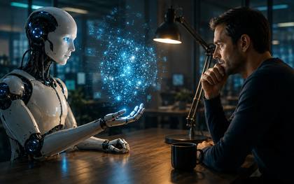 Un uomo riflette davanti a un’intelligenza artificiale rappresentata da un robot che mostra una rete di informazioni.