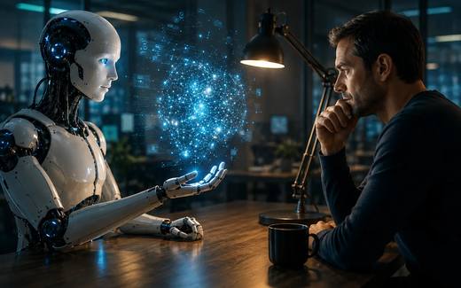 Un uomo riflette davanti a un’intelligenza artificiale rappresentata da un robot che mostra una rete di informazioni.