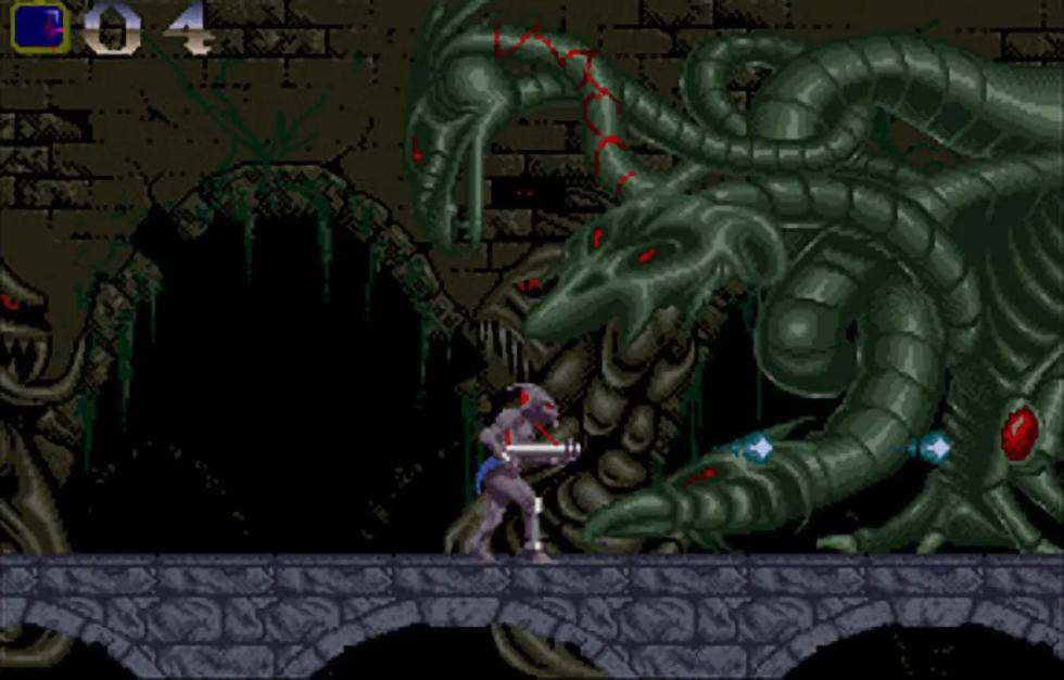 Aarbron esplora una sezione sotterranea in Shadow of the Beast per Amiga.