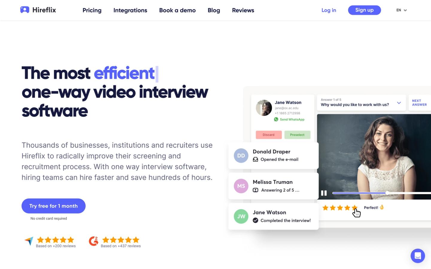 Hireflix one-way video interview software homepage with candidate status cards and video review