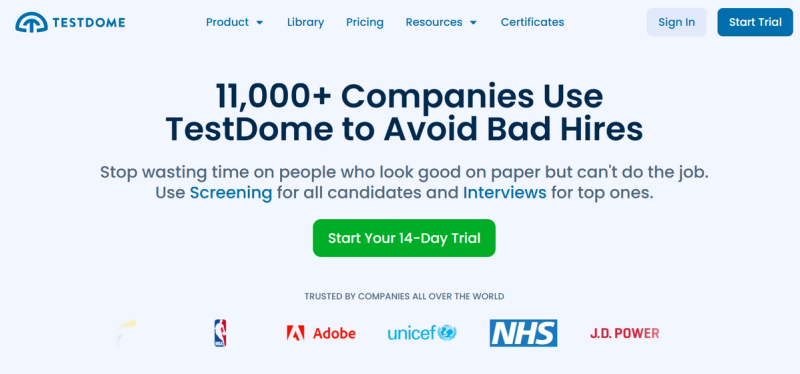 TestDome's website