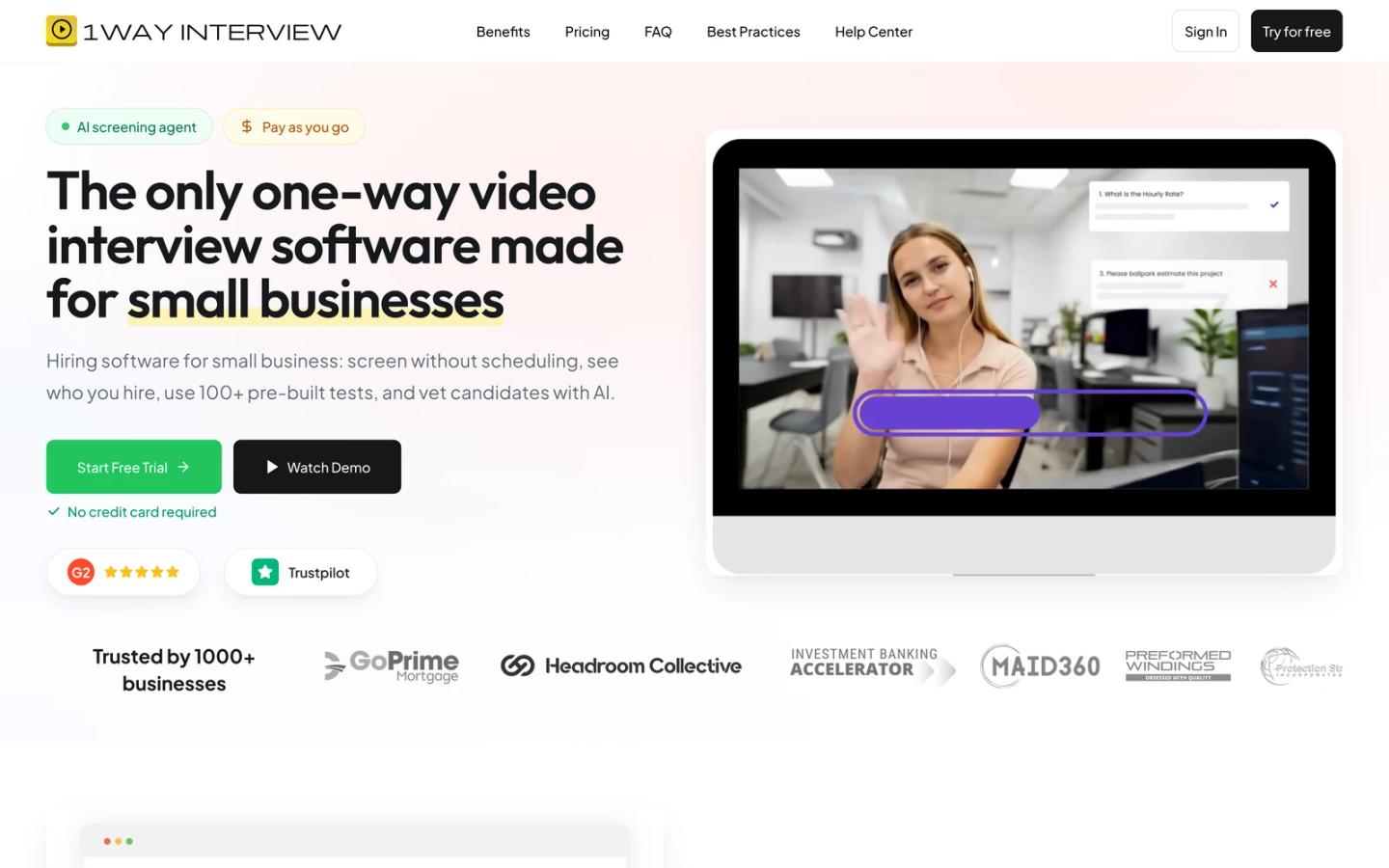 1WayInterview homepage for one-way video interview software made for small businesses
