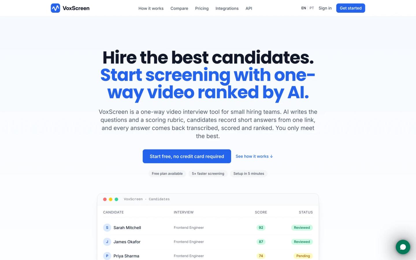 VoxScreen homepage for AI-ranked one-way video screening with a candidate scoring table