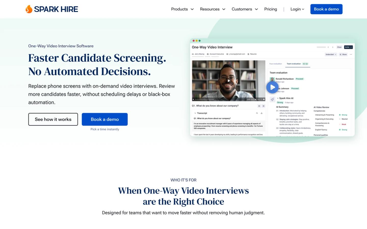 Spark Hire one-way video interview page with a candidate video and team evaluation panel