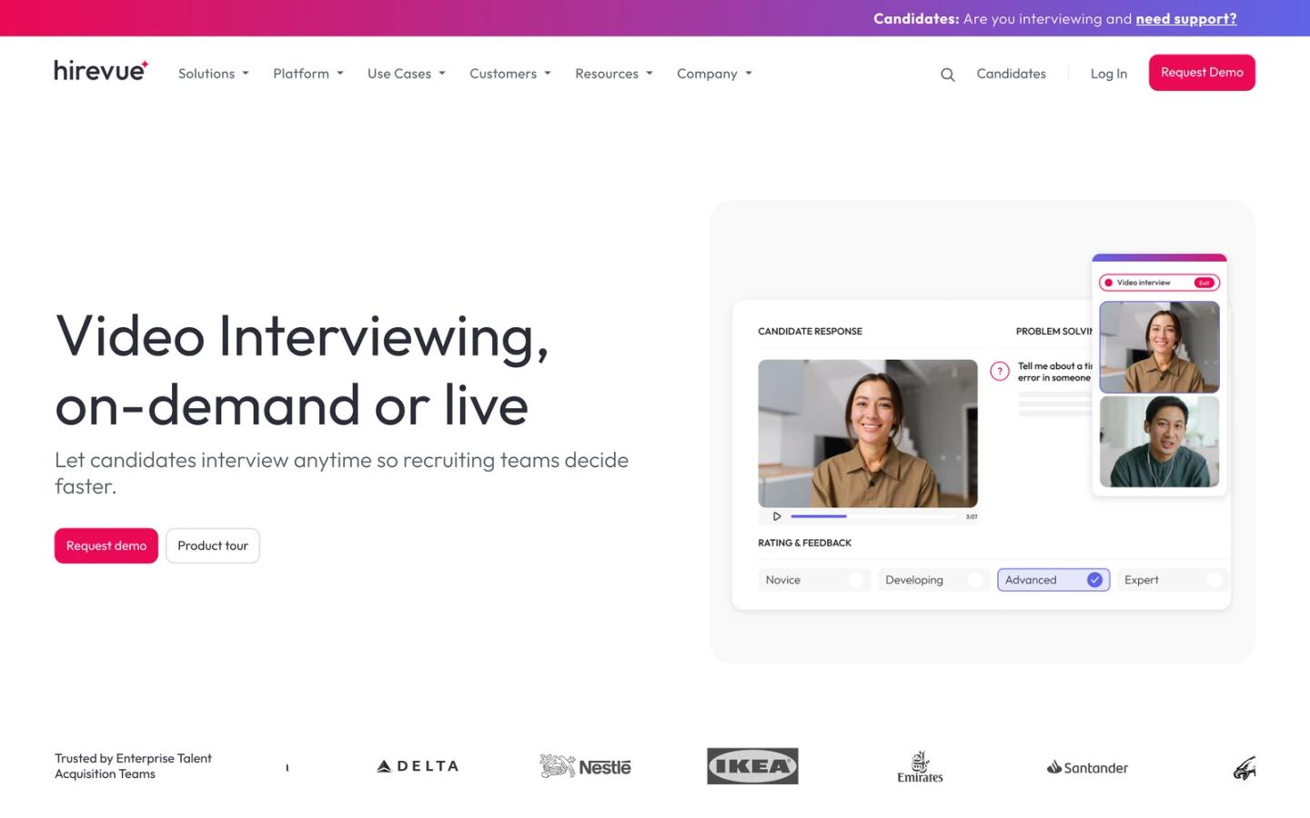 HireVue video interviewing page showing on-demand candidate responses and rating options