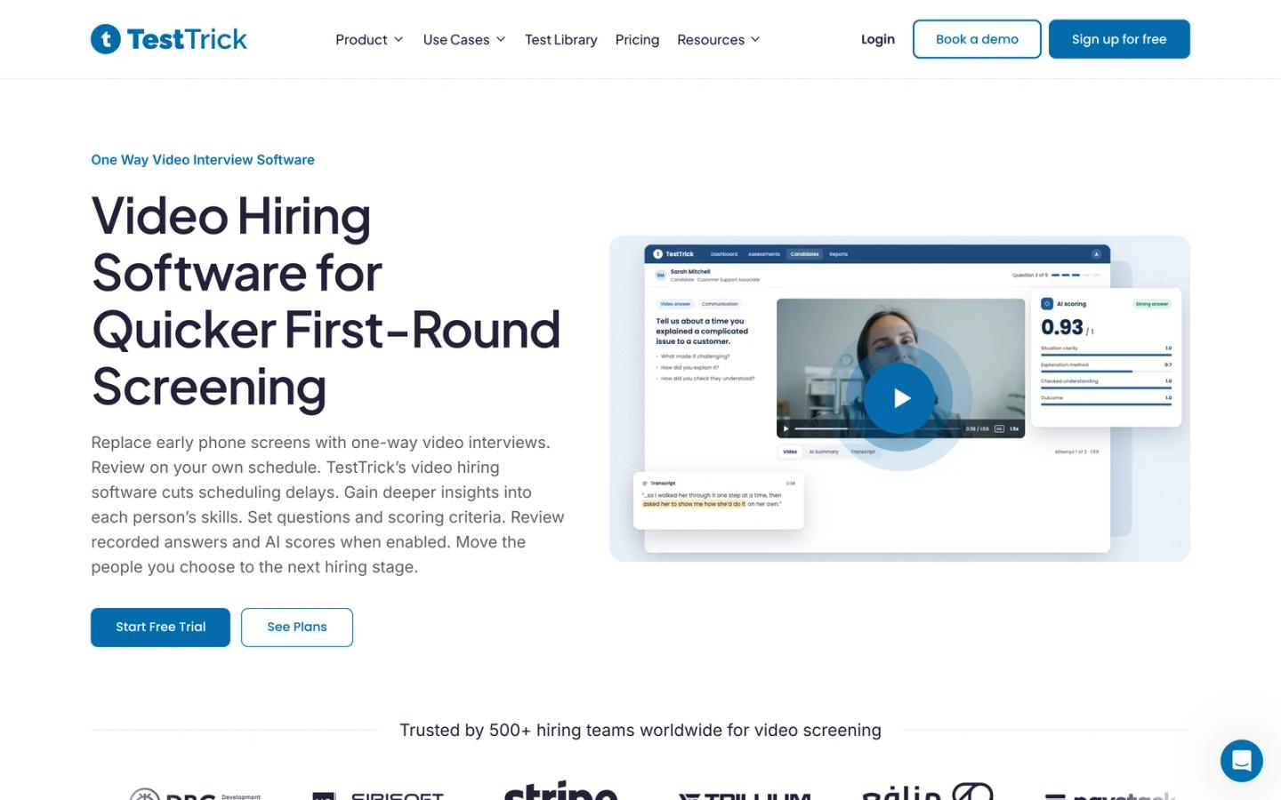 TestTrick one-way video interview software showing a recorded answer with an AI score