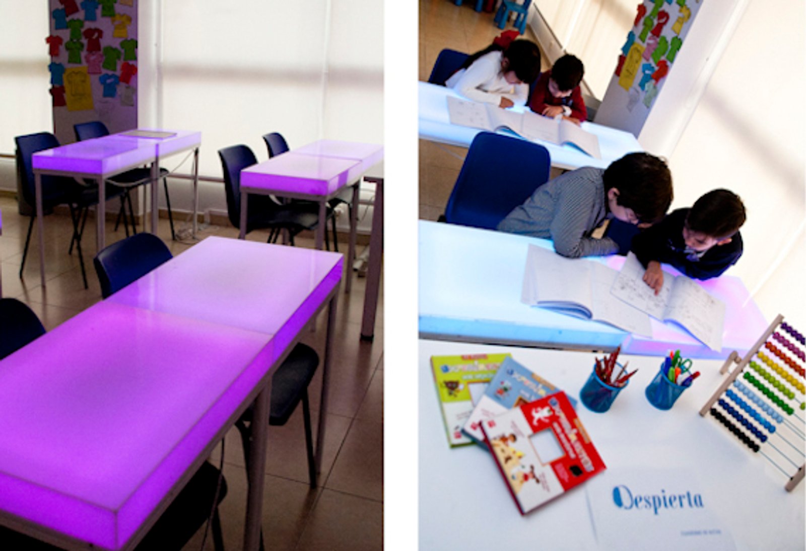 Un aula con mesas iluminadas de color