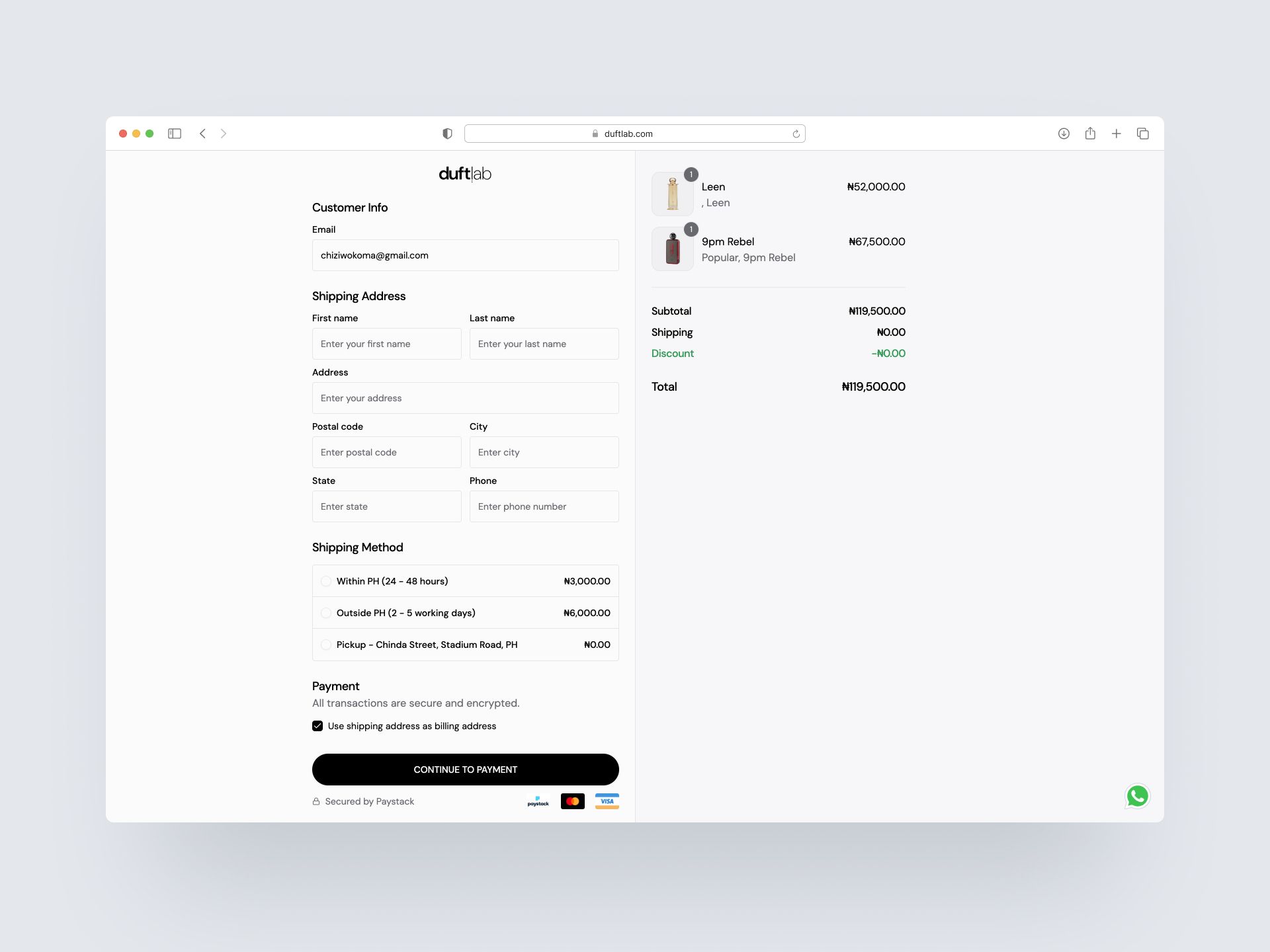 Duftlab checkout screen
