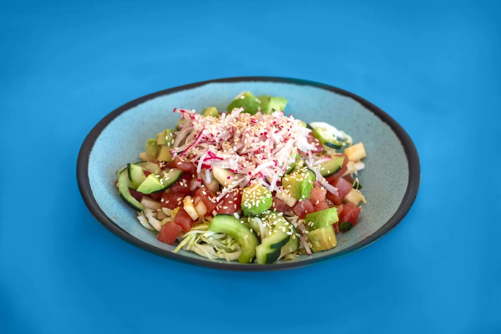Loaded poke bowl with cucumber and avocado