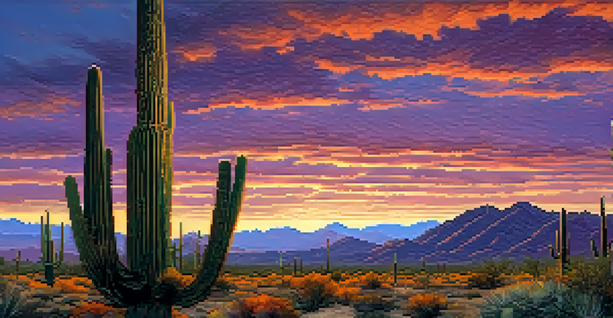 A picturesque desert landscape of Saguaro National Park at sunset, with tall cacti and colorful skies.
