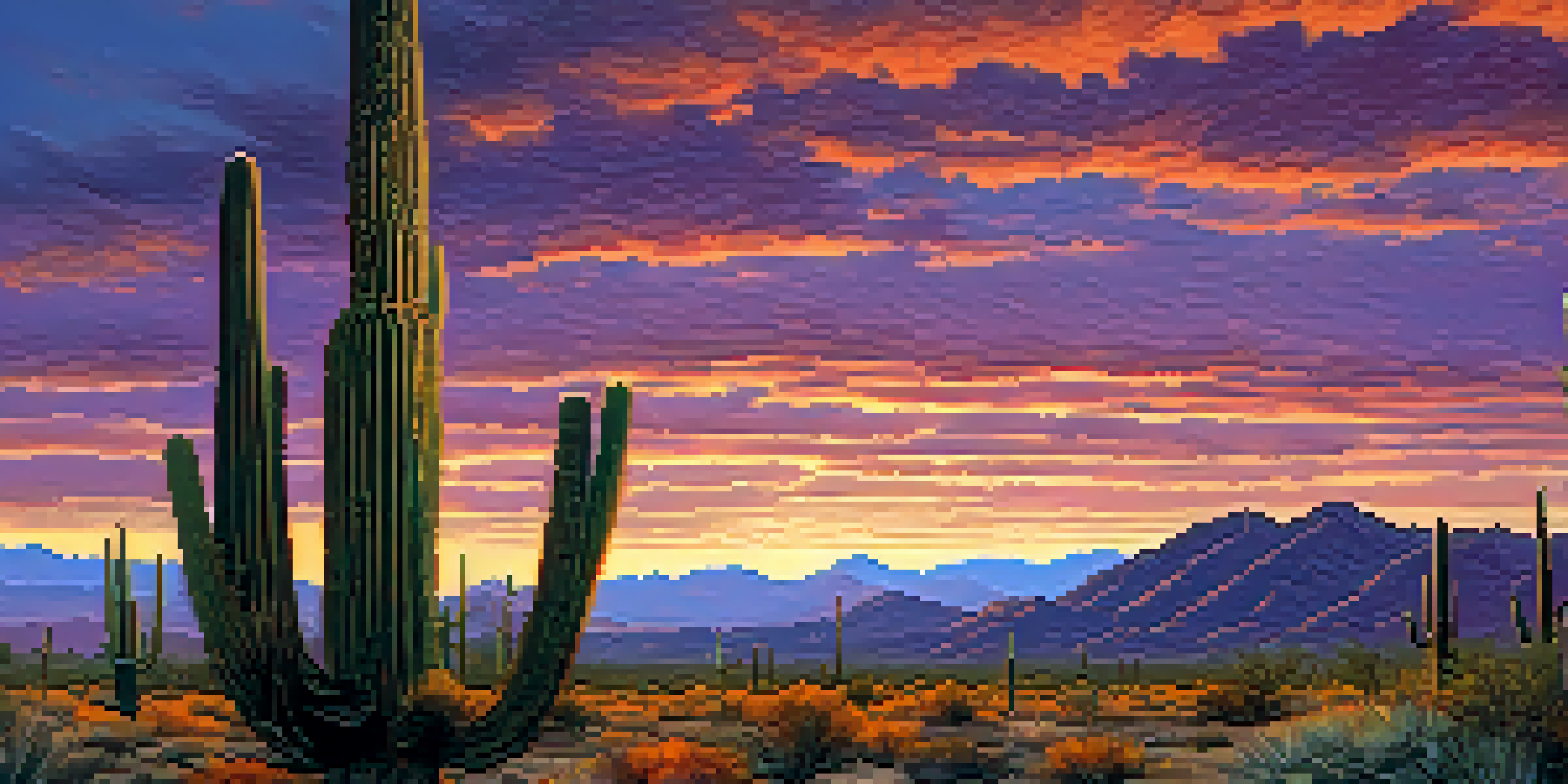 A picturesque desert landscape of Saguaro National Park at sunset, with tall cacti and colorful skies.