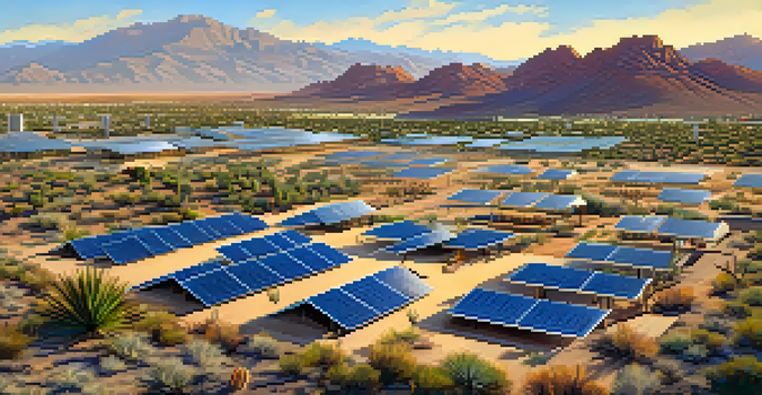 Aerial view of Tucson, Arizona, with solar panels on rooftops and in open fields, surrounded by desert landscape and cacti under a bright blue sky.