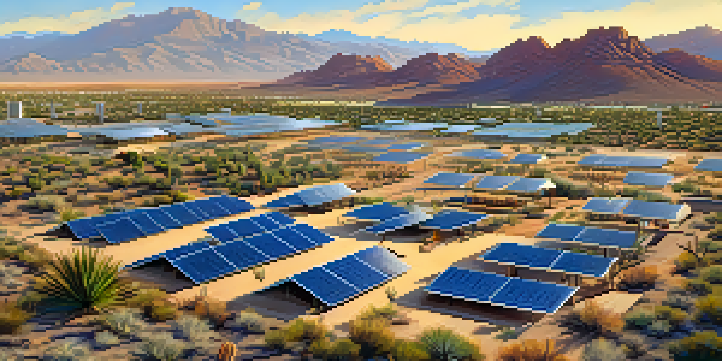 Aerial view of Tucson, Arizona, with solar panels on rooftops and in open fields, surrounded by desert landscape and cacti under a bright blue sky.