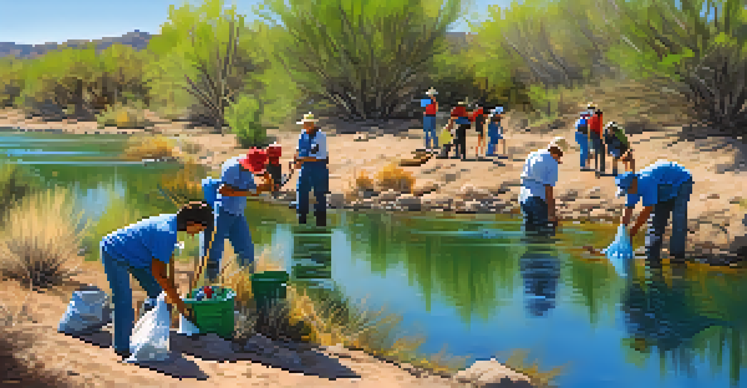 Community volunteers cleaning up the Santa Cruz River in Tucson, showcasing riverbank restoration efforts.