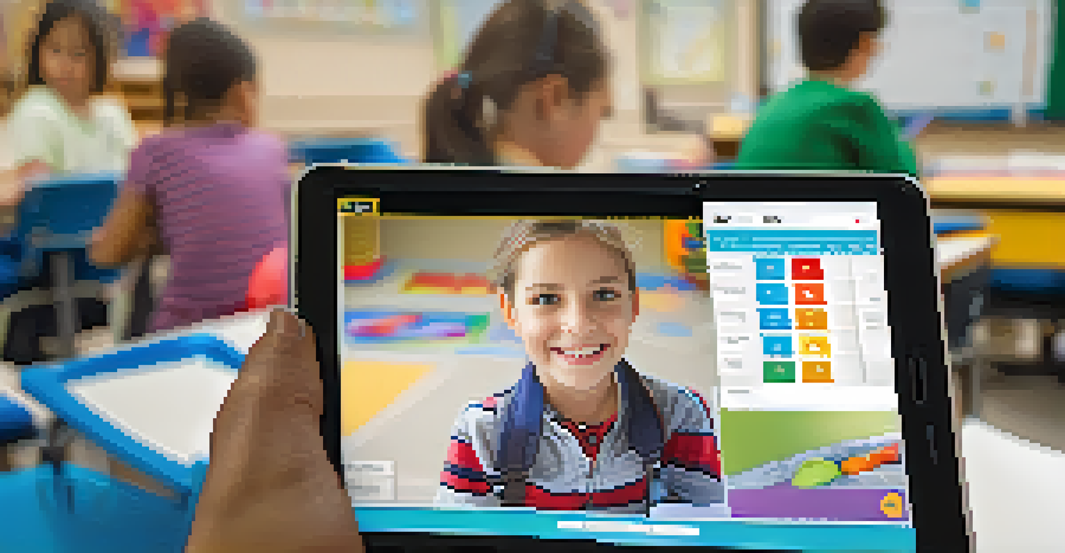 A student focused on using adaptive learning software on a tablet, showing engagement in a colorful and warm classroom setting.