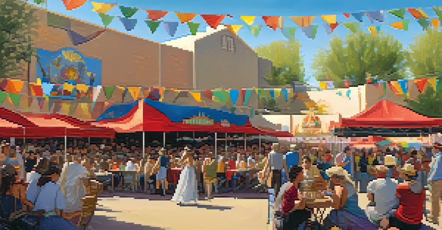 Musicians performing at the Tucson Folk Festival with a lively crowd and colorful decorations.