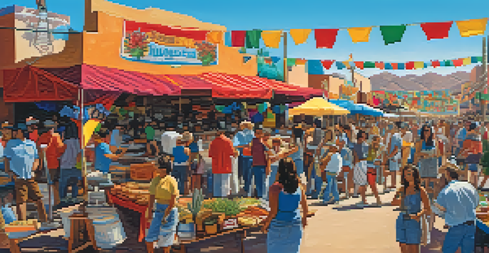 A bustling food festival in Tucson, Arizona, with colorful stalls serving traditional Native American and Mexican dishes, surrounded by happy crowds and desert plants.
