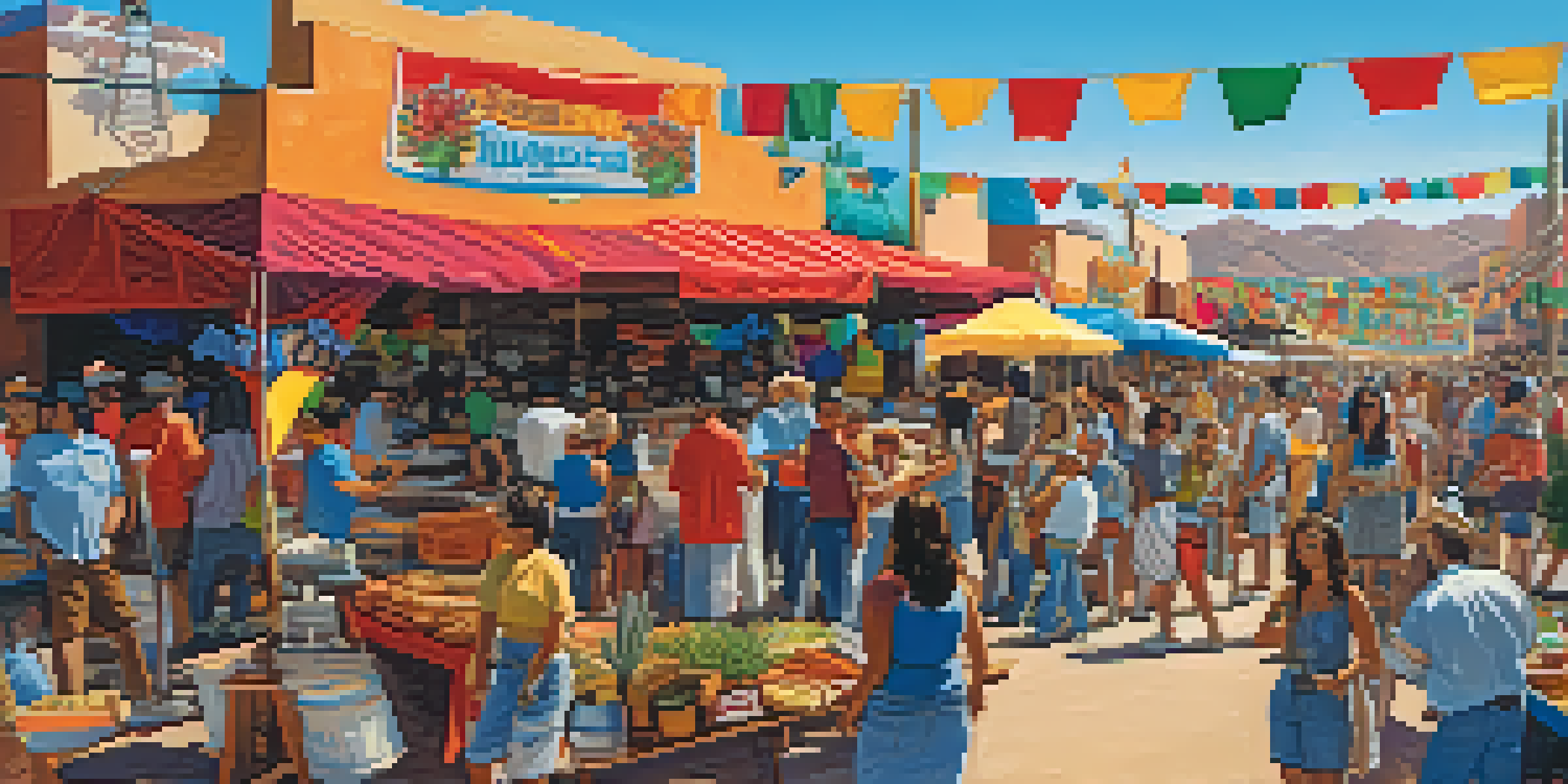 A bustling food festival in Tucson, Arizona, with colorful stalls serving traditional Native American and Mexican dishes, surrounded by happy crowds and desert plants.