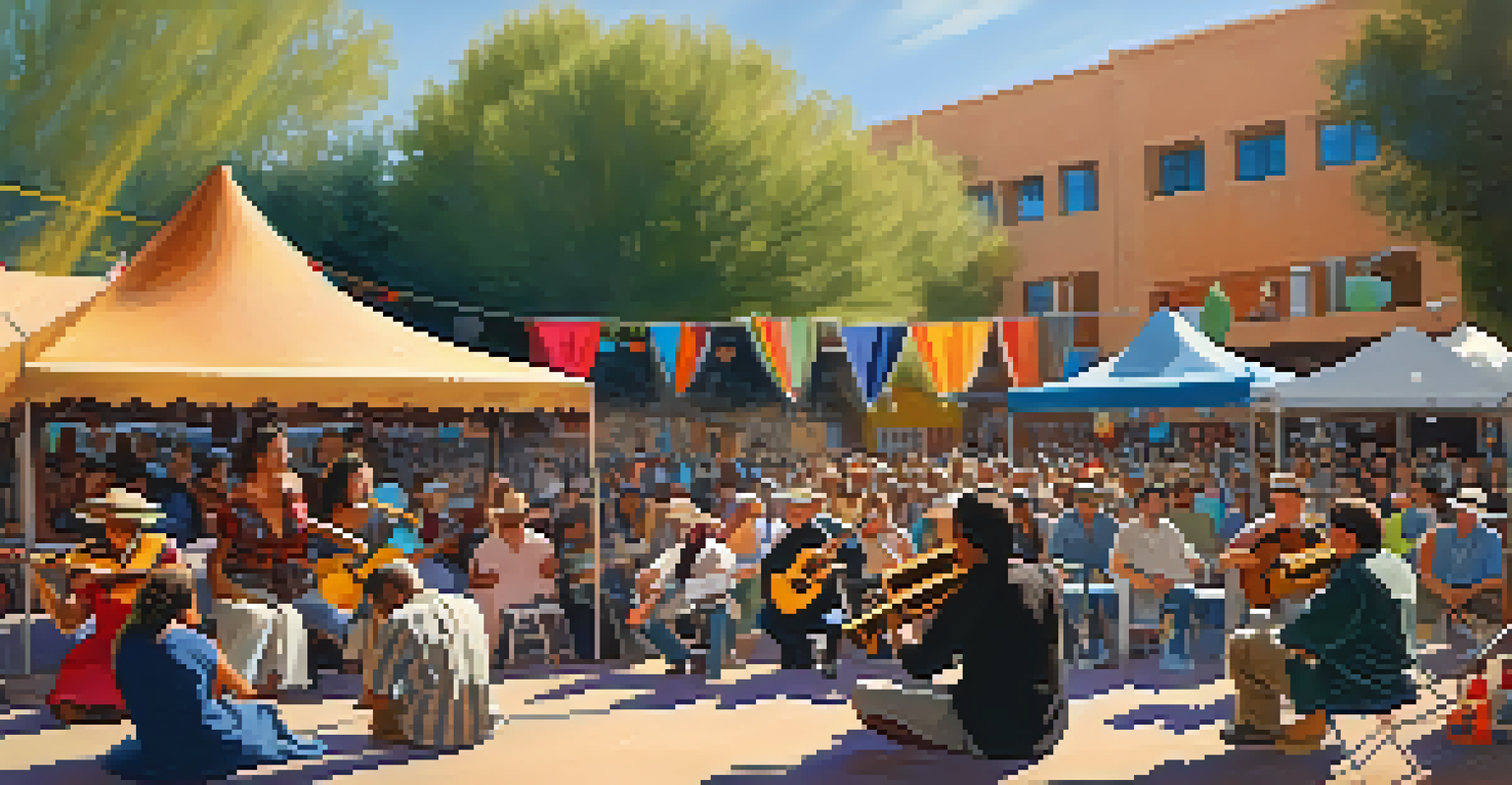 A folk festival scene with musicians performing on stage and a diverse audience enjoying the event.