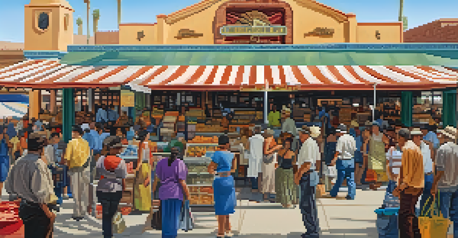 A lively market scene in Tucson with diverse vendors and a historic train station in the background.