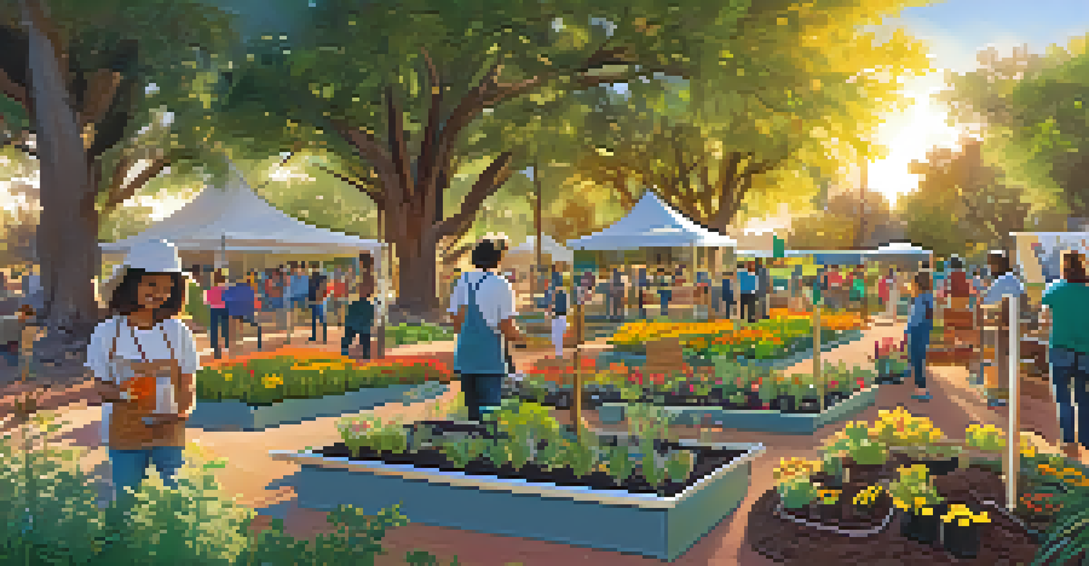 Families engaging in a sustainable gardening workshop, planting seedlings in a vibrant park setting in Tucson.