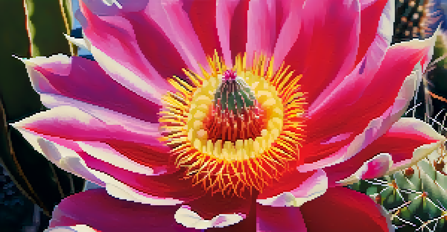 A close-up of a blooming cactus flower with bright colors and clear details, set in a soft-focus background of other cacti.