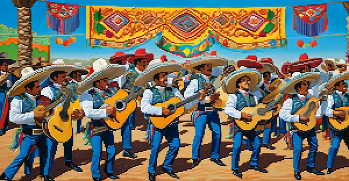 A lively mariachi band performing in traditional outfits at a festival in Tucson, with a colorful audience in the background.