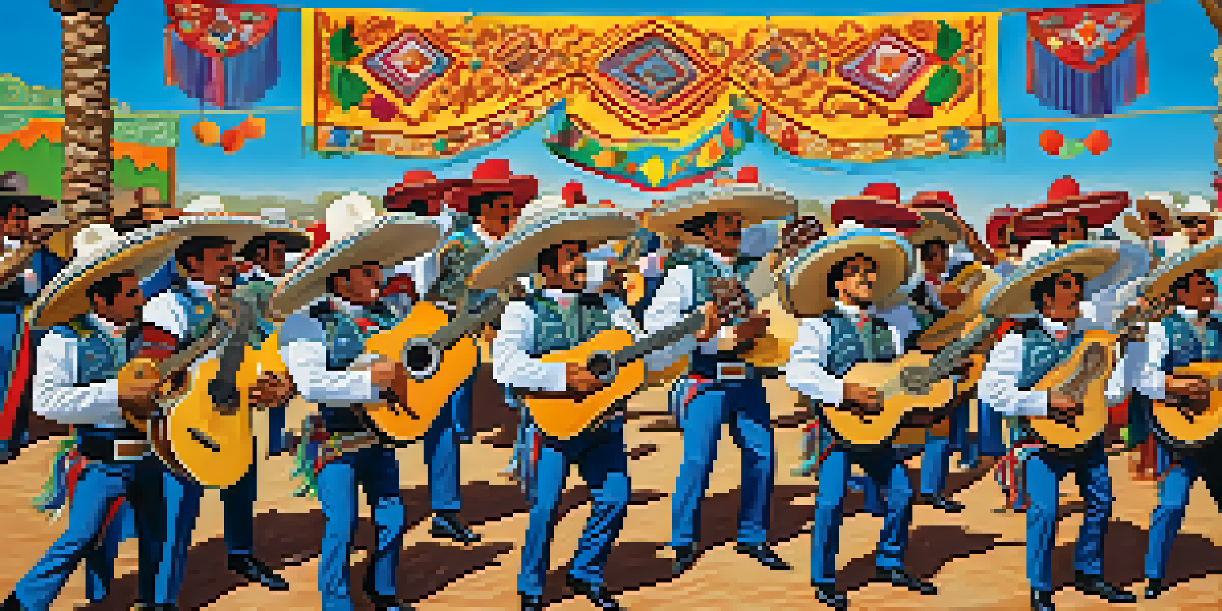 A lively mariachi band performing in traditional outfits at a festival in Tucson, with a colorful audience in the background.