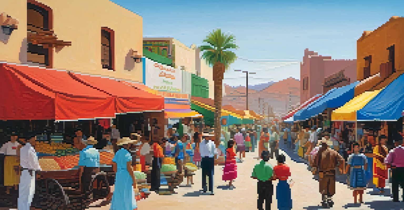 A lively marketplace in Tucson post-war, depicting cultural exchanges between American soldiers and local Mexican communities.