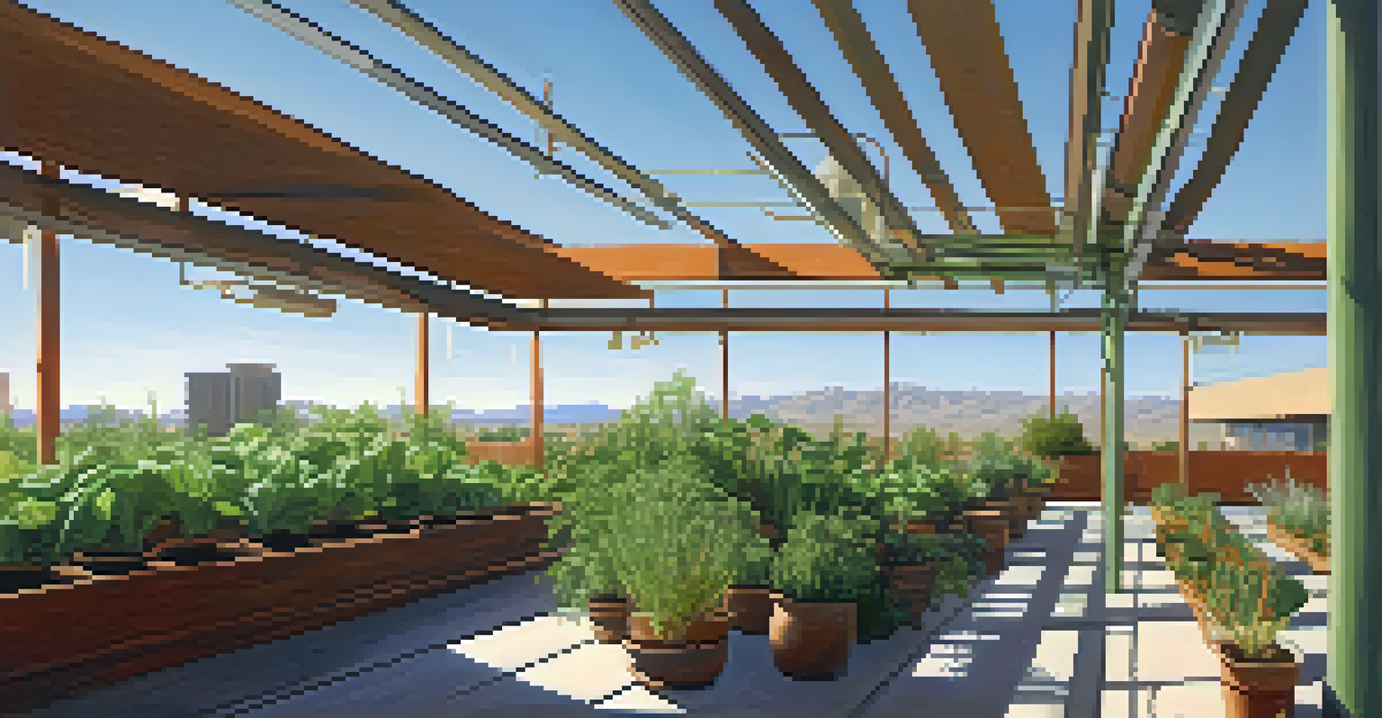 A rooftop garden with herbs and vegetables growing, showcasing urban farming in Tucson.