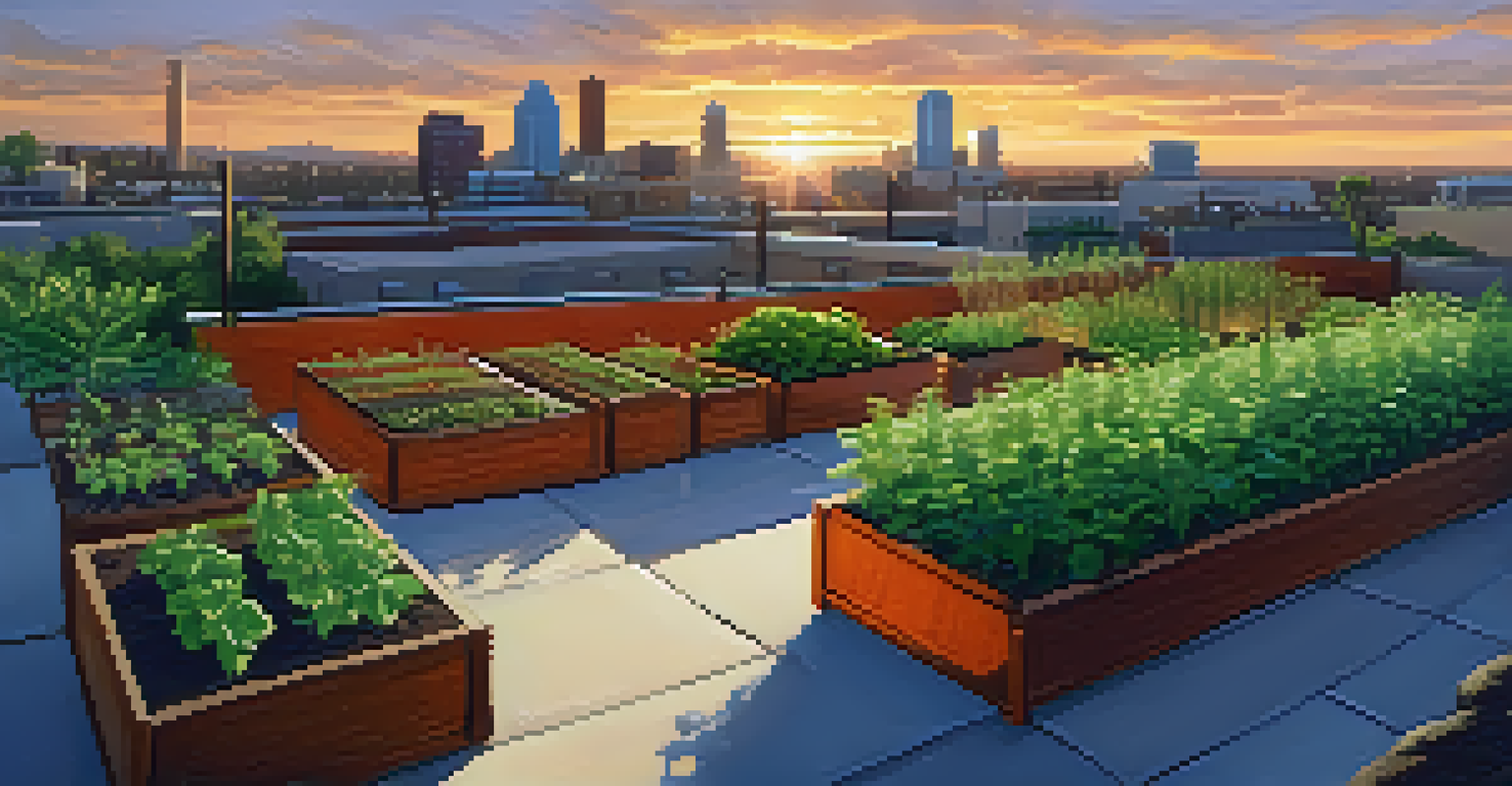 A rooftop farm in Tucson with crops and a view of the city skyline at sunset.