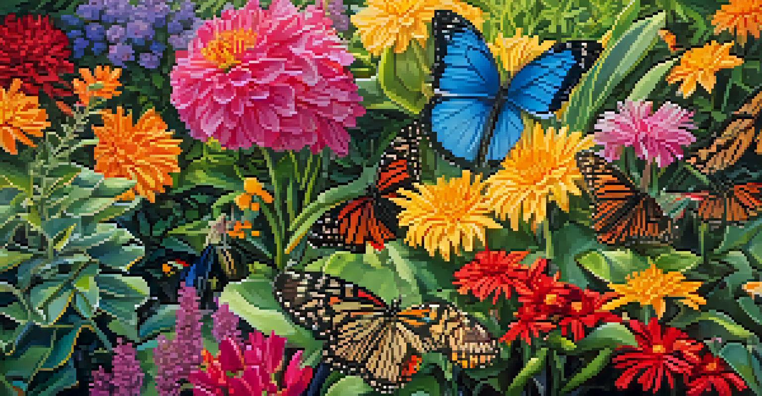 A colorful butterfly garden filled with various butterflies hovering over bright flowers and surrounded by lush greenery.