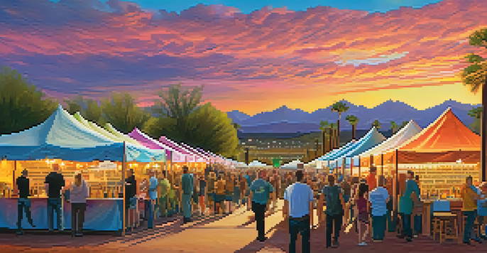A lively craft beer festival with people tasting different beers, colorful tents, and a sunset backdrop.