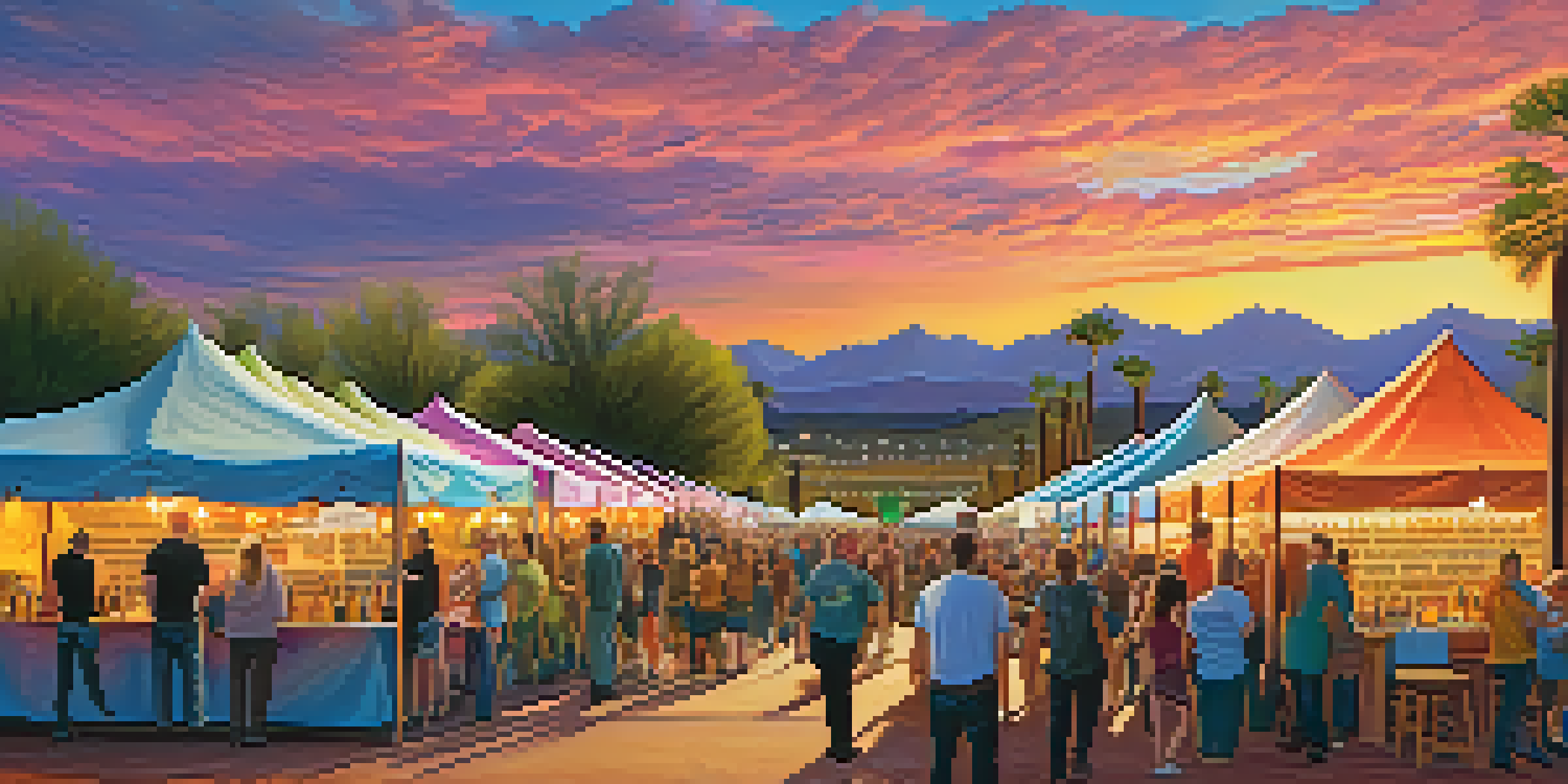 A lively craft beer festival with people tasting different beers, colorful tents, and a sunset backdrop.