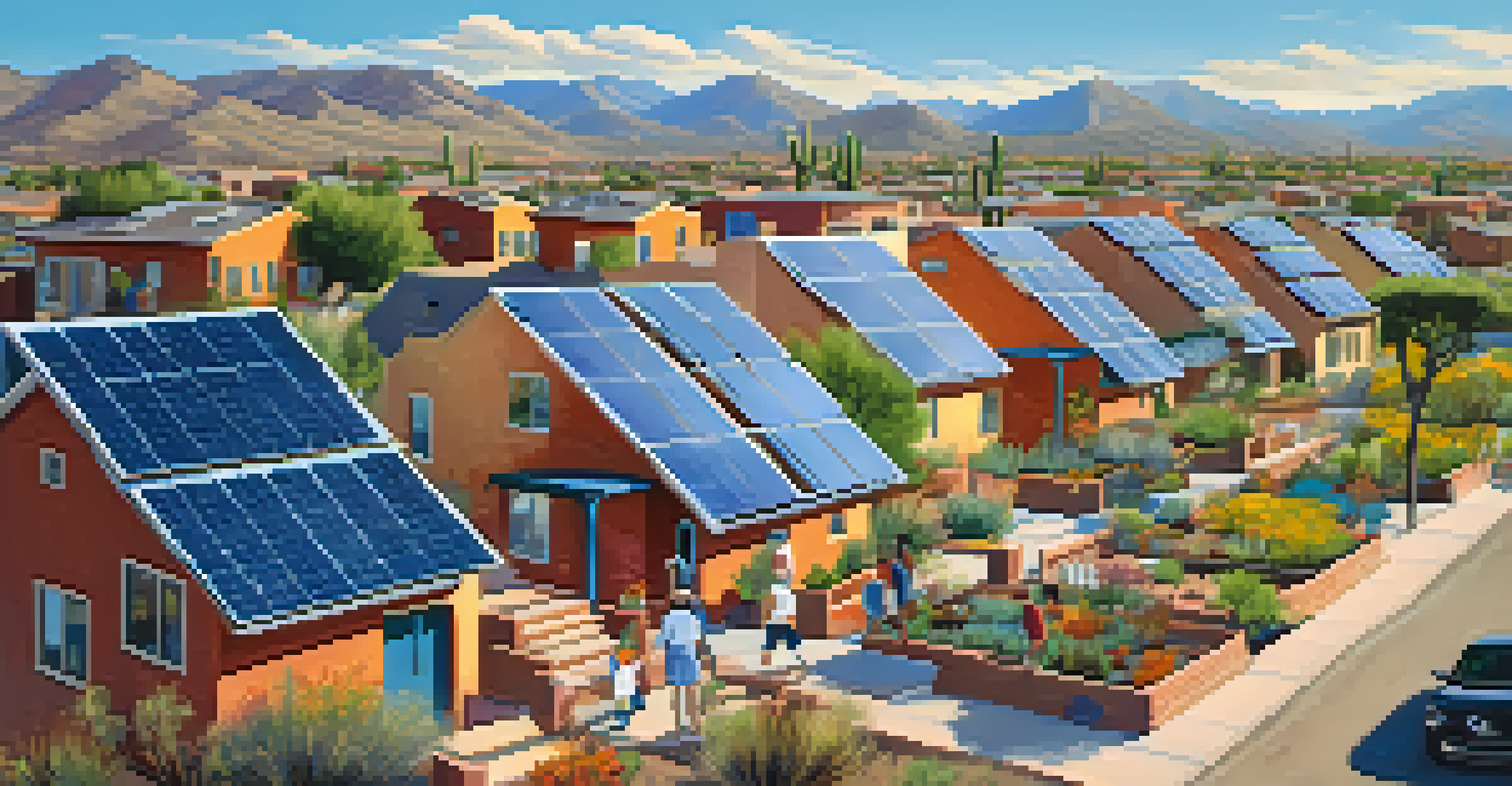 A family planting a garden in a Tucson neighborhood with homes featuring solar panels on the roofs under a clear blue sky.