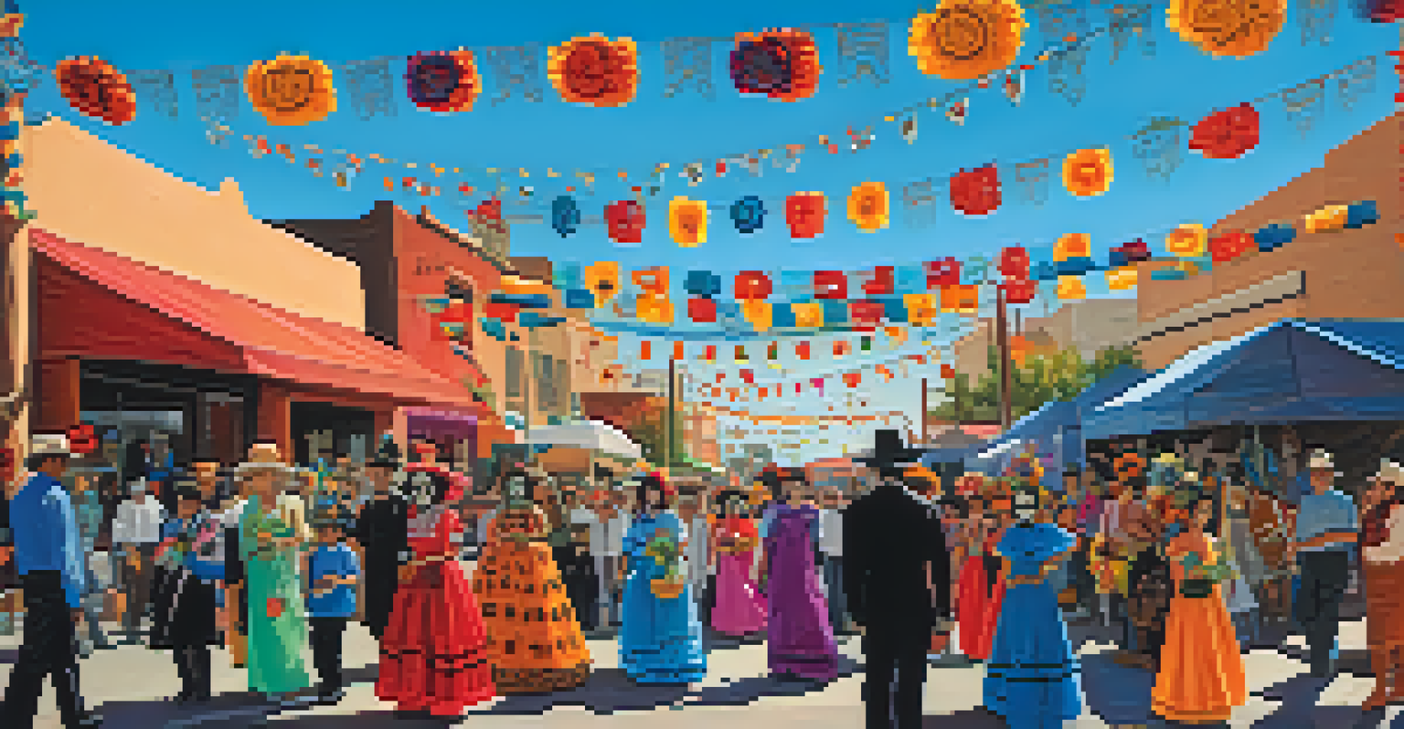 Participants in traditional clothing parading in the streets during Tucson's Dia de los Muertos Festival, with colorful decorations and a festive atmosphere.