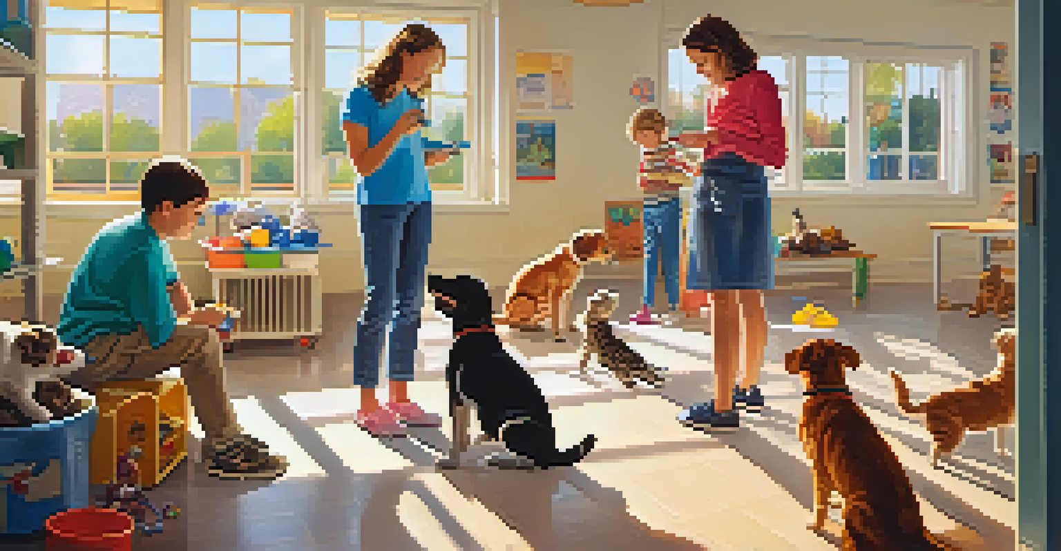 A family enjoying time with animals at an animal shelter, children playing with a puppy and parents with a kitten.