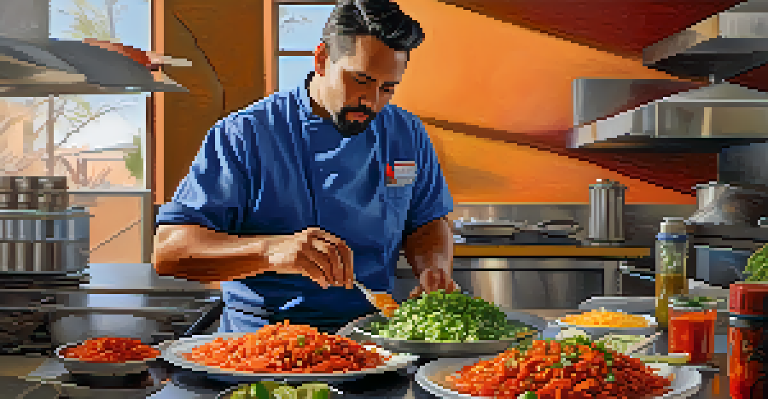 A chef in a Tucson kitchen preparing vibrant street tacos with fresh ingredients under natural light.