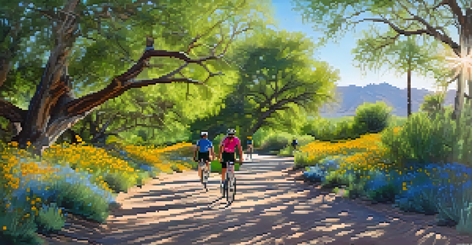 A beautiful trail along the Santa Cruz River with cyclists and walkers, surrounded by greenery and wildflowers under a blue sky.