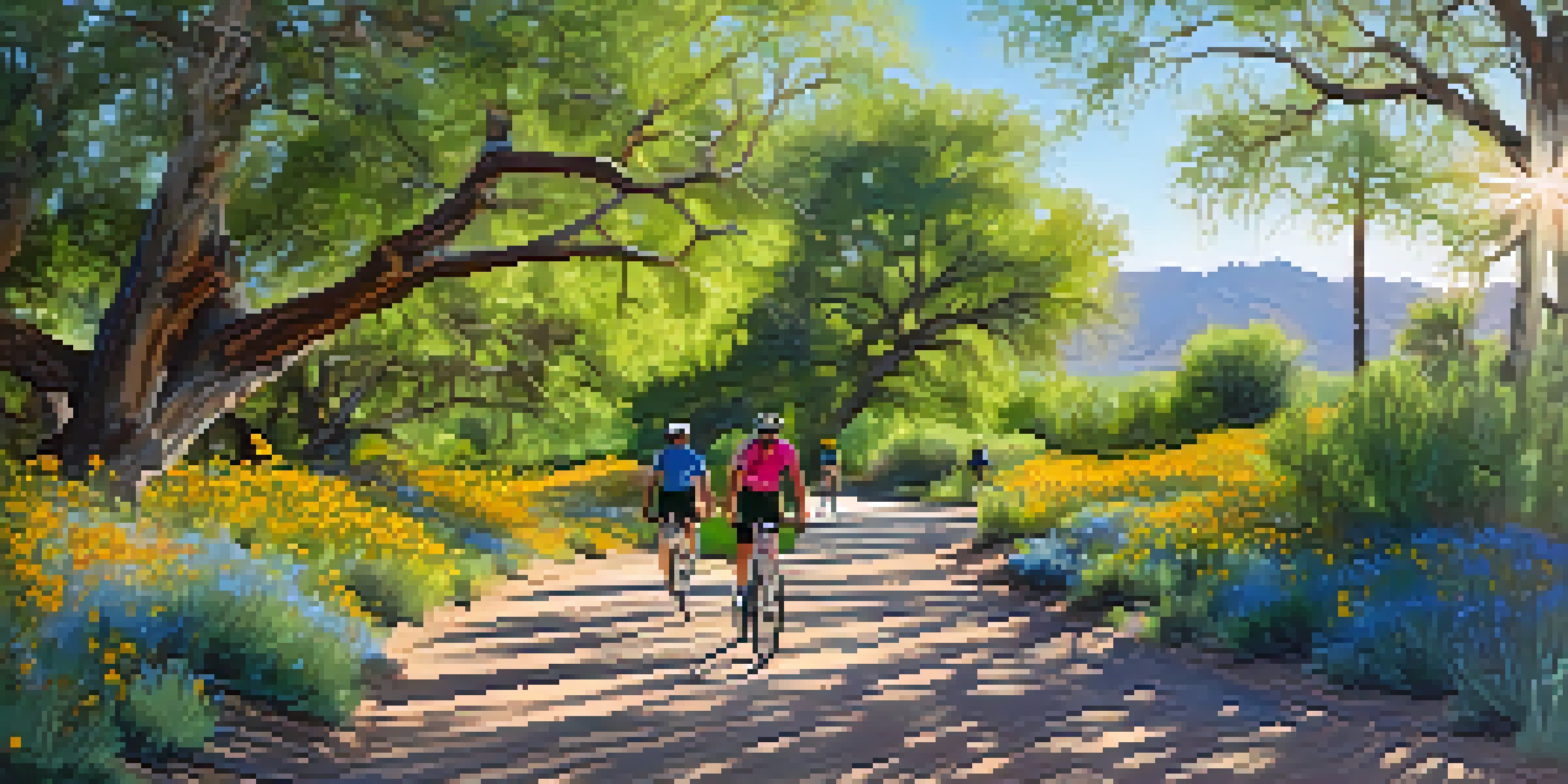 A beautiful trail along the Santa Cruz River with cyclists and walkers, surrounded by greenery and wildflowers under a blue sky.