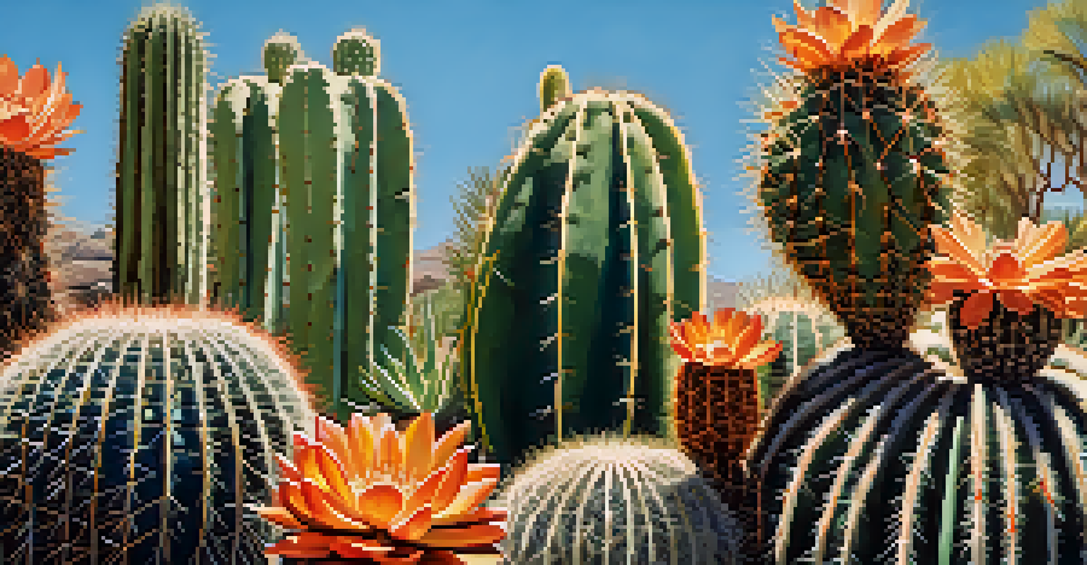 A detailed close-up of various cacti showcasing their unique textures and shapes, illuminated by warm sunlight against a blue sky.