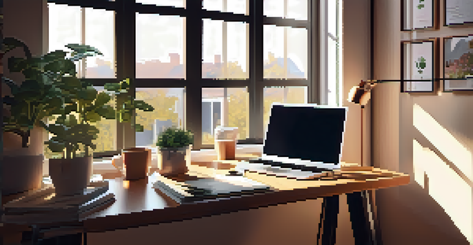 A modern home office with a laptop open to an online learning platform, a coffee cup, and a plant, illuminated by natural light.