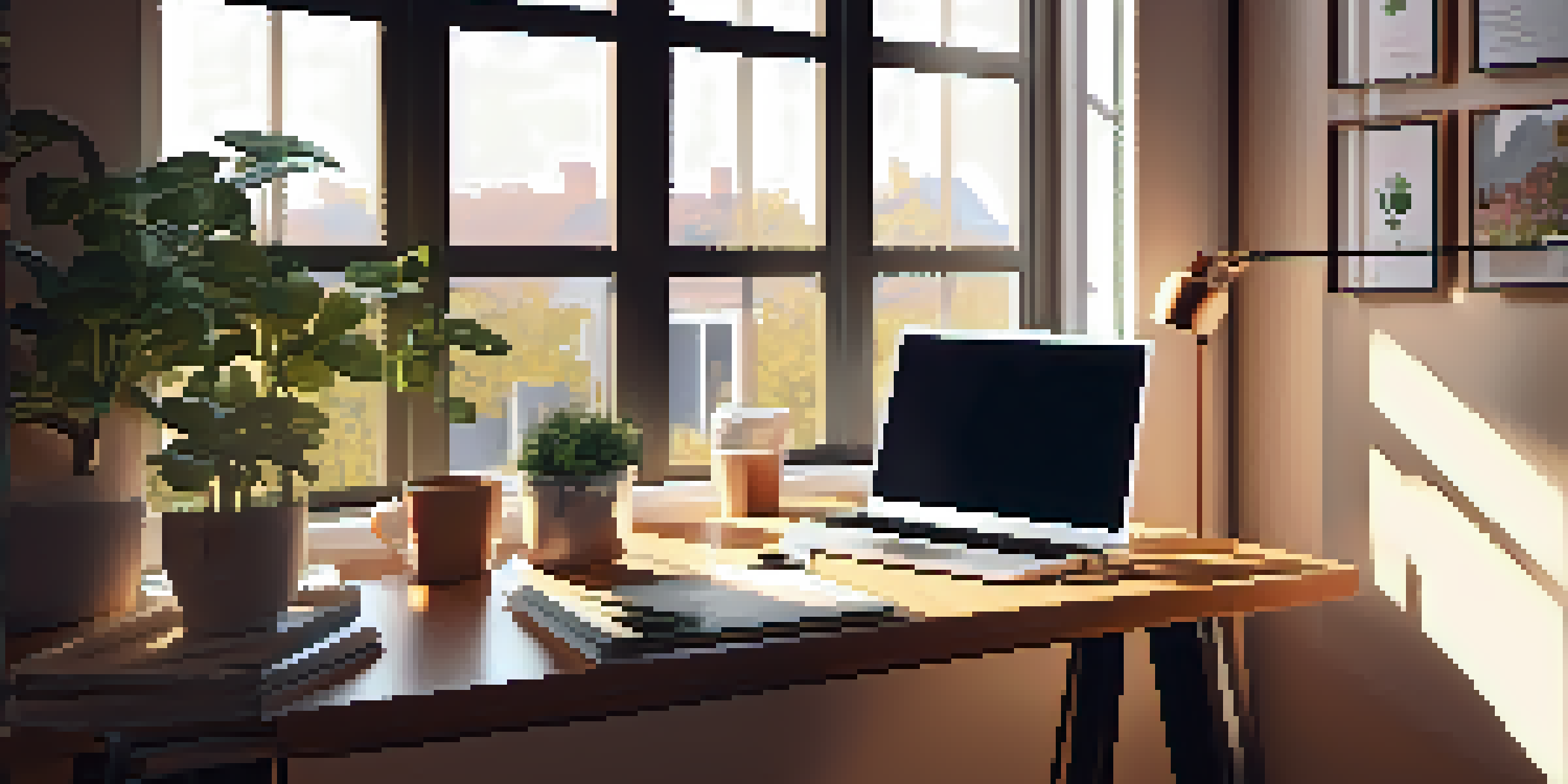 A modern home office with a laptop open to an online learning platform, a coffee cup, and a plant, illuminated by natural light.